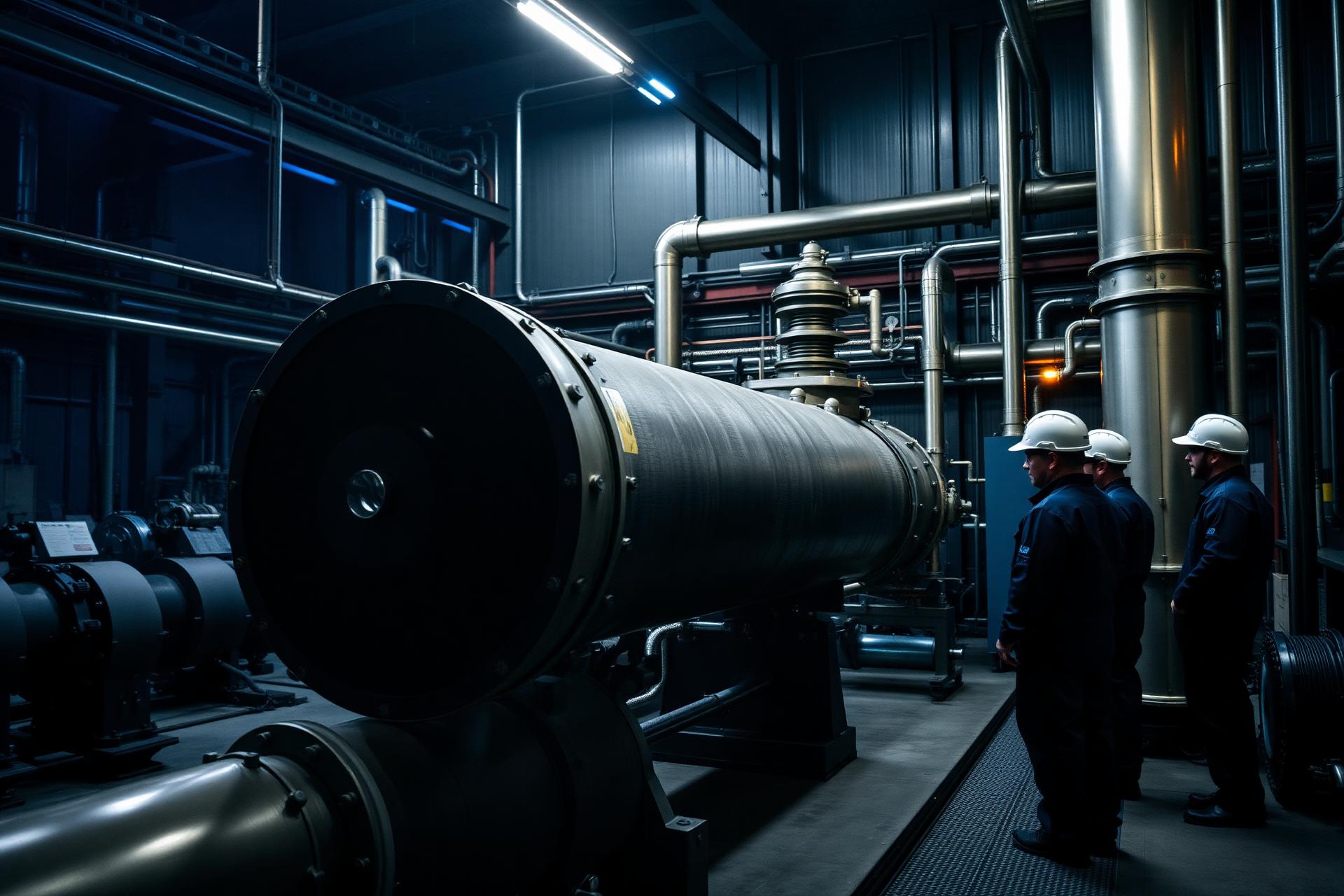 Industrial heat exchanger and steel tubing inside a modern engineering workshop